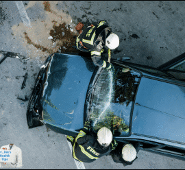 Firefighters extinguishing a car fire from above.