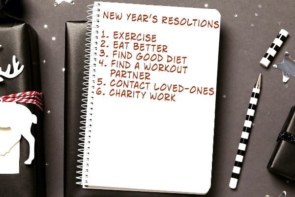New Year's resolutions list on notebook.