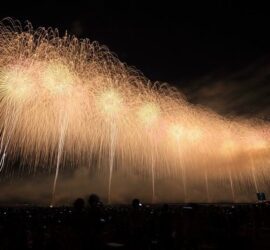 Golden fireworks illuminating the night sky.