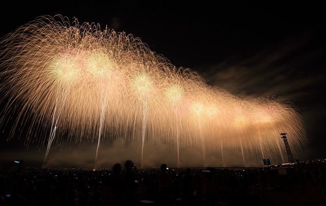 Golden fireworks illuminating the night sky.