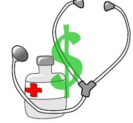 Medical cost concept with stethoscope, pill bottle, and dollar sign.