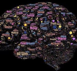 Word cloud forming a brain shape.